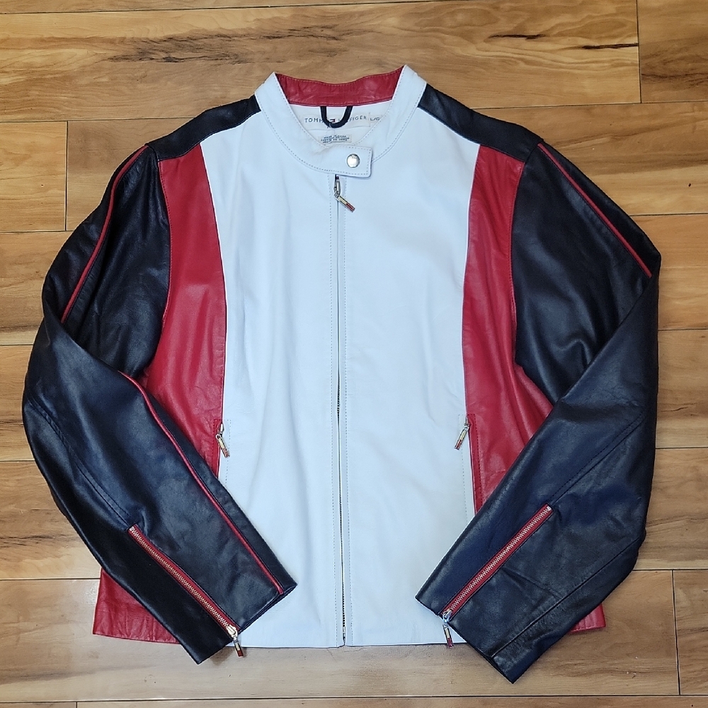 2001 Tommy Hilfiger Size LARGE Red, White & Black Leather Moto Jacket From Y2K